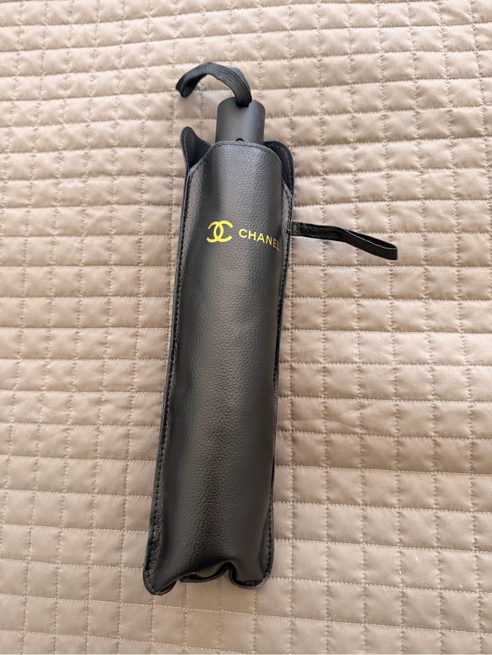CHANEL Compact Black Folding Umbrella with Gold Logo